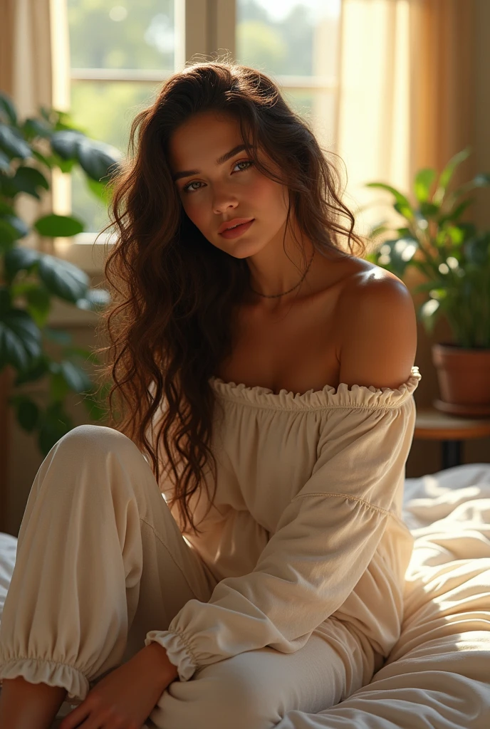 (photorealism:1.2), beautiful woman, sitting on bed, wearing loose off-shoulder top, pajama pants, long curly hair, indoors, soft lighting, plants in background, window with sunlight, cozy room, relaxed pose, realistic, intricate details, warm colors, by Greg Rutkowski, by Alphonse Mucha