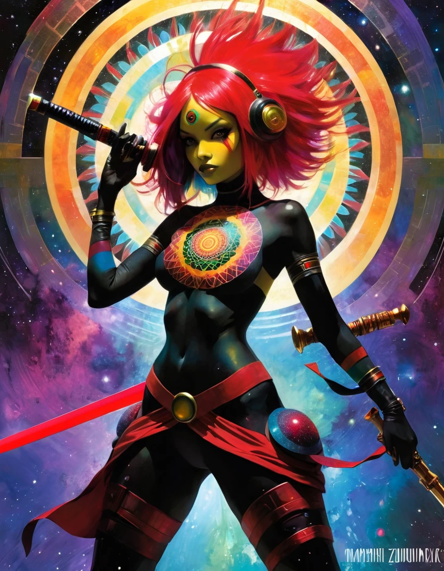 10:34:55 1girl, alone, MANdALA fractal black body paint, sexy, multicolor hair galactic soldier girl holding a galactic mandala red sword with both hands, mandala helmet and ready to attack agresively, ZZZ, ZENLESSZONEZERO, art inspired by Bill Sienkiewicz and Dave McKean