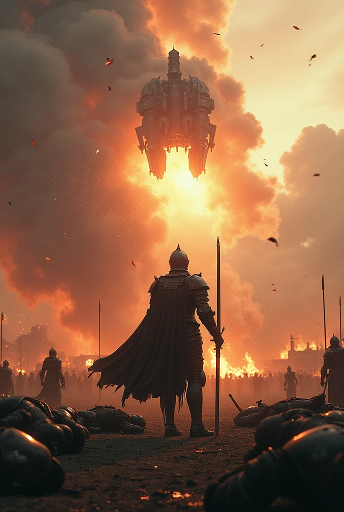 Knights on a training, interrupted by an unidentified flying spaceship. The main knight got blown by the explosion. The kingdom on a verge of collapsing. A kingdom on fire. Dead knights on the ground.
