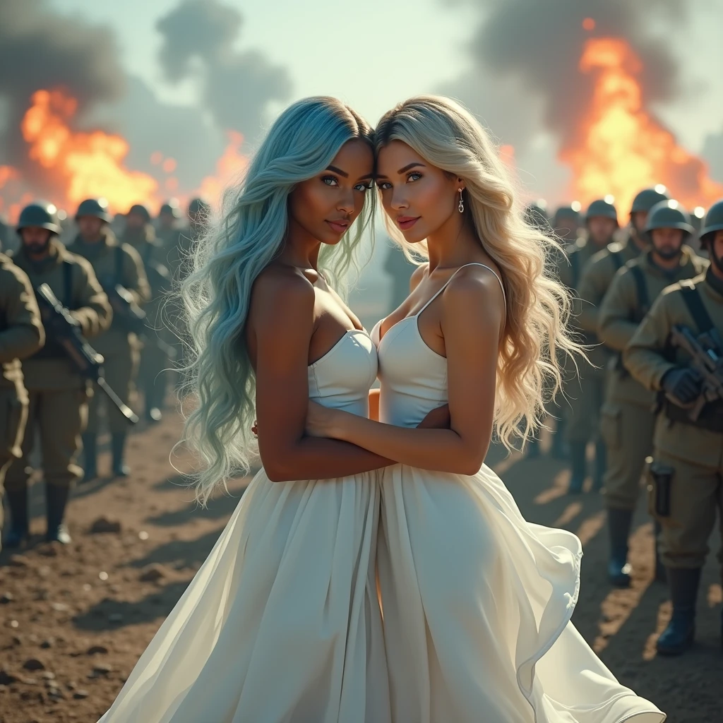 Beautiful biracial latina woman light blue eyesand long light blue hair with large breast close to beautiful white woman light blue eyes and blond hair with large breast,cuddle and caress, wear elegant white dress, into middle of war battlefield, soldier around, explosion and fire around, chaos,Résolution Haute, Grand angle, detailed dress, detailed hair 