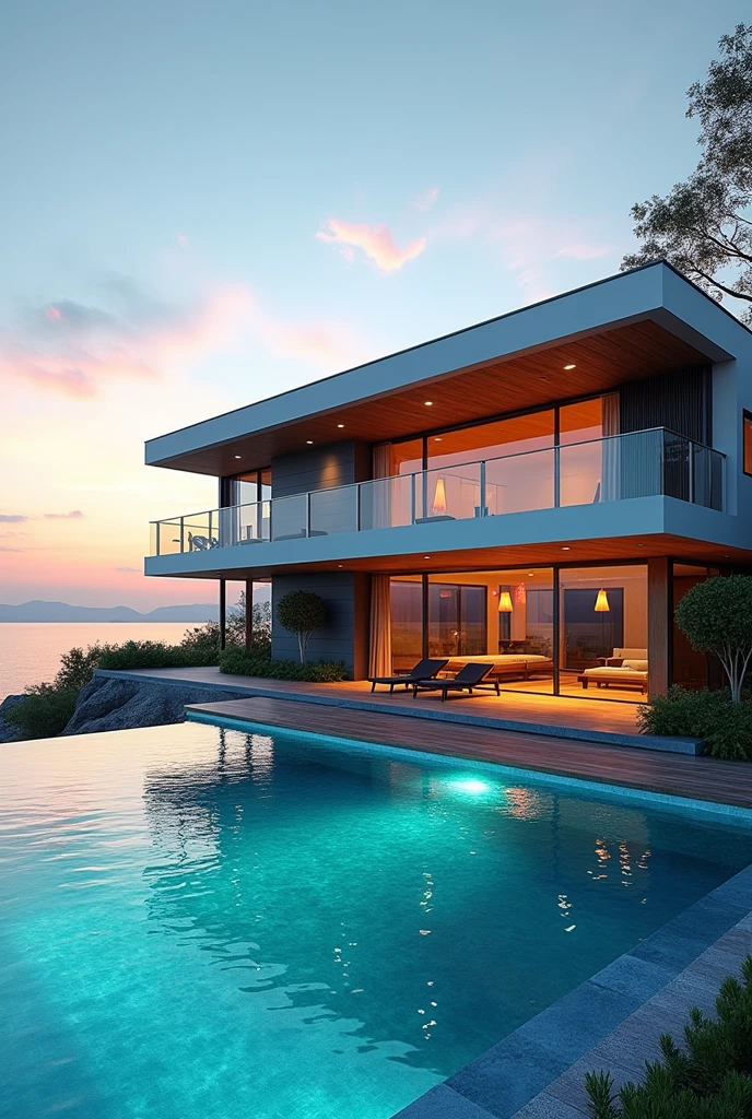 A duplex building beside see, a swimming pool,Blue colour water, sun rise