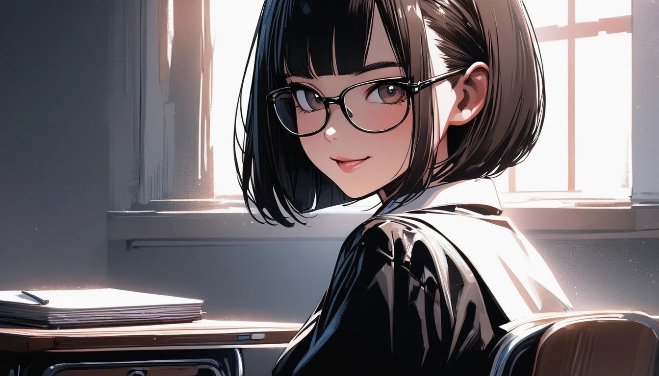 ((highest quality:1.2, Very detailed, up to date, Vibrant, Ultra-high resolution, High Contrast, masterpiece:1.2, highest quality, Best aesthetics), Portraiture、girl、solo, (15-years-old:1), slim, brown eye, Bright colors、Beautiful fine details、Beautiful lip detail、extra short hair, ((bob cut:1.5))、black hair, (highlights hair: 1.6), (medium breast:0.7), (tan skin:0.5), glasses, school uniform, studyind, sitting at the study desk, bright class room, look at viewer:1, side view, smile
