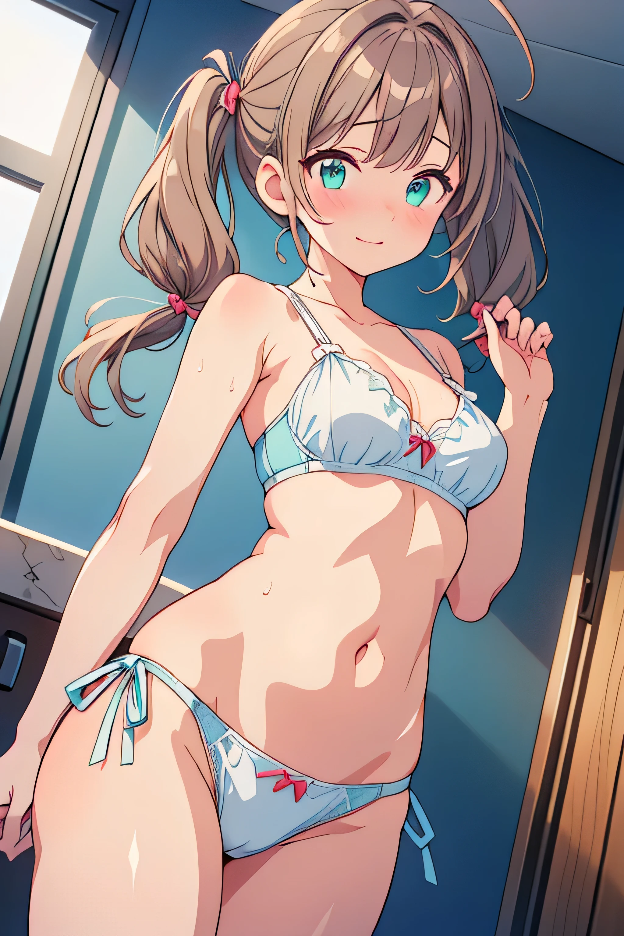 masterpiece, best quality, absurdres, highres, ultra-detailed, extremely detailed CG unity 8k wallpaper, 1 cute kawaii lovely  girl, beautiful detailed hair, beautiful detailed clear eyes, almond eyes, tareme, perfect anatomy, parted lips, ahoge, bangs, bare arms, bare shoulders, plain light blue junior sports bra, plain light blue elastic waist junior bow pantush, brown hair, closed mouth, collarbone, green eyes, indoors, looking at viewer, navel, nose blush, panties,  b smile, soat, low twin pigtails, underwear only, v, pot belly, from below,  standing, groin, cleavage