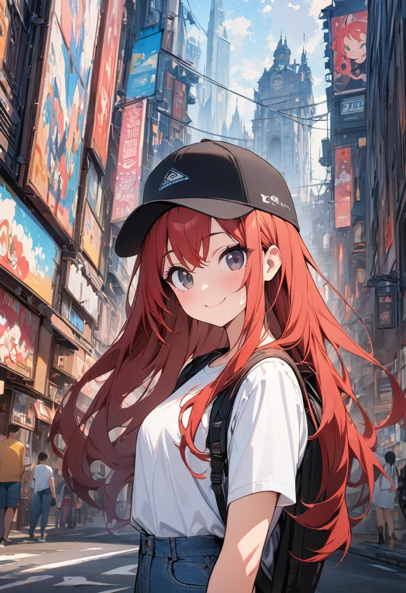 (BEST QUALITY), (MASTERPIECE), illustration, Extremely_detail, 4k wallpaper , 1 girl, tall girl, White T-Shirt, blue jeans, 1 , Red Hair, long hair, black eyes, black cap, cute, smile, Backpack, Background of the city