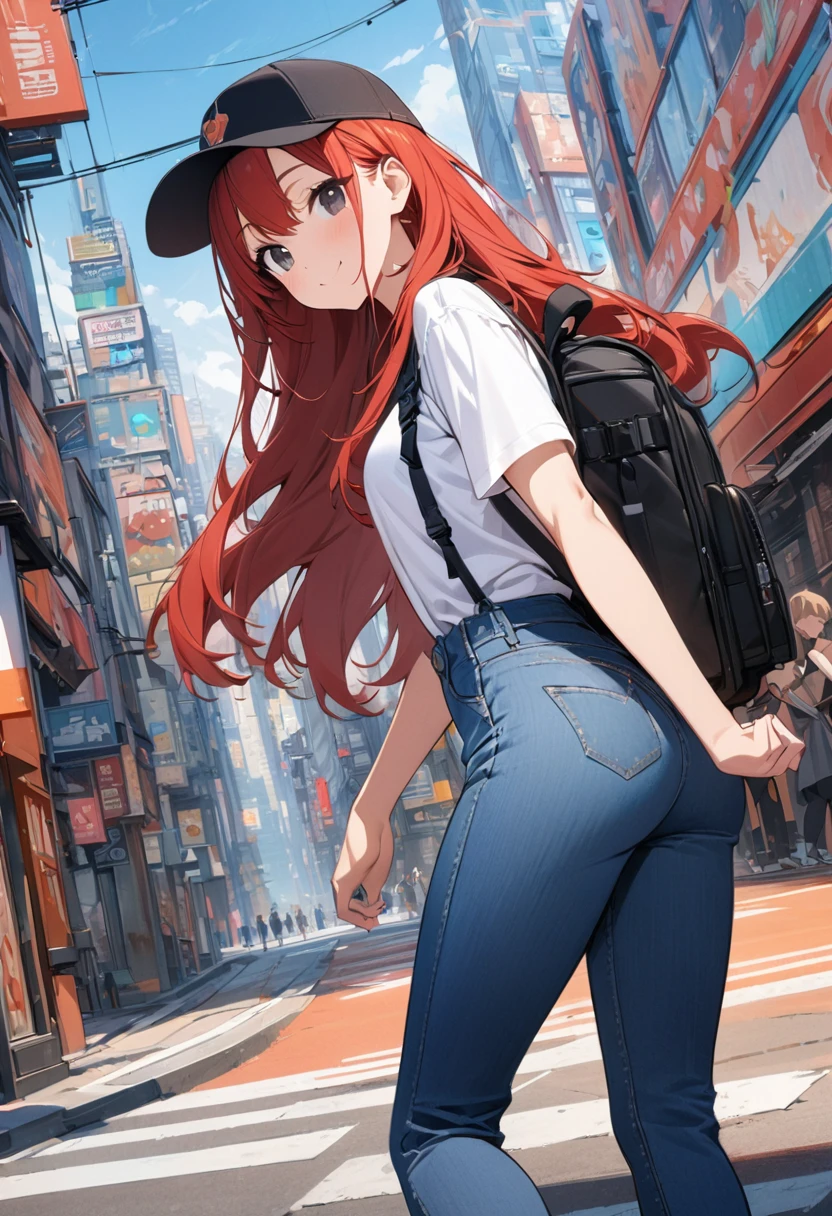 (BEST QUALITY), (MASTERPIECE), illustration, Extremely_detail, 4k wallpaper , 1 girl, tall girl, White T-Shirt, blue jeans, 1 , Red Hair, long hair, black eyes, black cap, cute, smile, Backpack, Background of the city