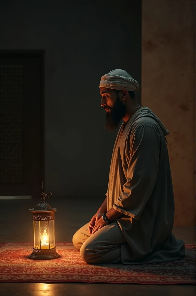 A Muslim man in traditional attire, kneeling on a prayer rug in a serene, dimly lit room, with warm, soft light from a single lantern casting gentle shadows across the scene.