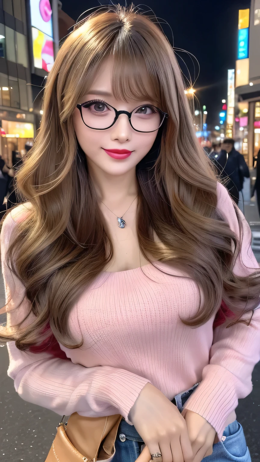 (Cowboy Shot、Highest quality、8k、Award-winning works、Ultra-high resolution)、One beautiful woman、(The perfect and sexiest cleavage revealing sweater:1.1)、Perfect big breasts、(bionde:1.1)、Glasses、Glasses fetish、Bright color contacts、Perfect Makeup、Bright and shiny lipstick、(Very heavy makeup:1.2)、(Deep pink around the eyes:1.1)、Beautiful bright eyeshadow、Heavy makeup around the eyes、(Huge breasts:1.2)、very long wavy hair、(Romantic affection:1.1)、The best smile when you see me、(Most of them emphasize the body line.:1.1)、(Strongly blurred vibrant Harajuku city background:1.1)、(Strongly blurred background:1.1)、Accurate anatomy、Ultra HD Hair、(Ultra-high resolution for perfect, beautiful teeth:1.1)、Ultra-high definition beauty face、Ultra HD Hair、Ultra-high definition sparkling eyes、Shining, Ultra-high resolution beautiful skin、Ultra-high resolutionの艶やかな唇