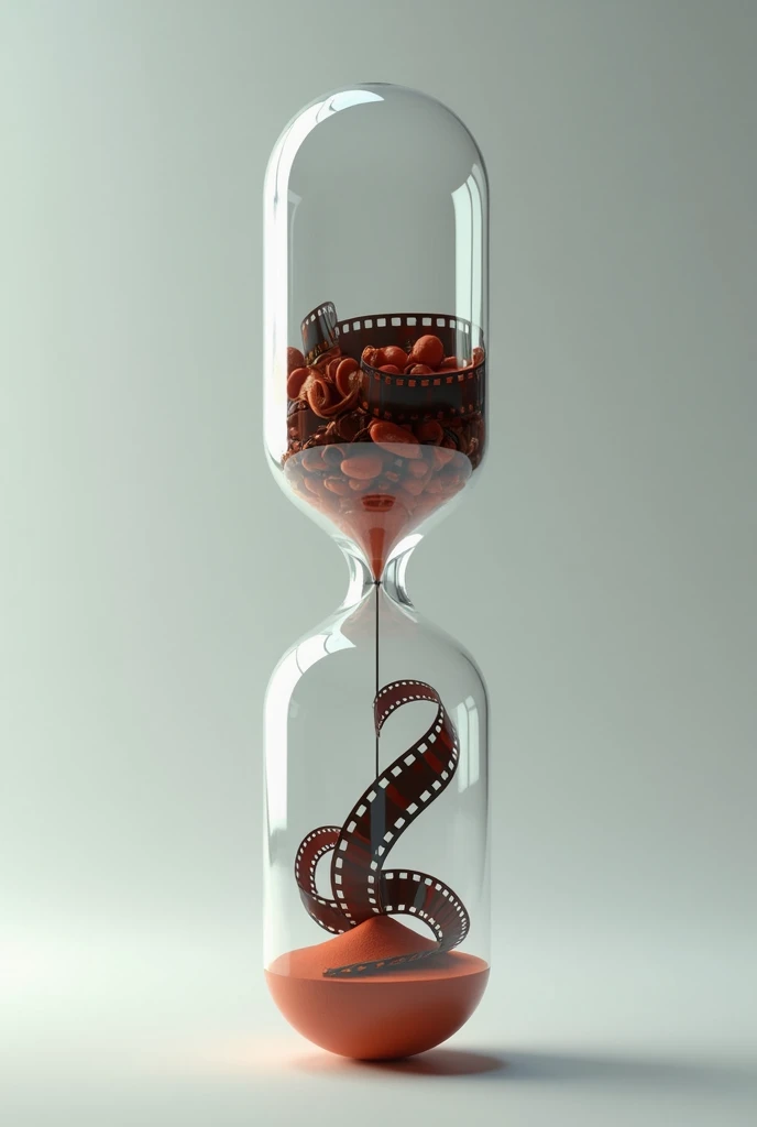 create an hourglass in the shape of a medicine capsule, and inside the hourglass there are rolled up film strips. do not put sand inside the hourglass, without sand