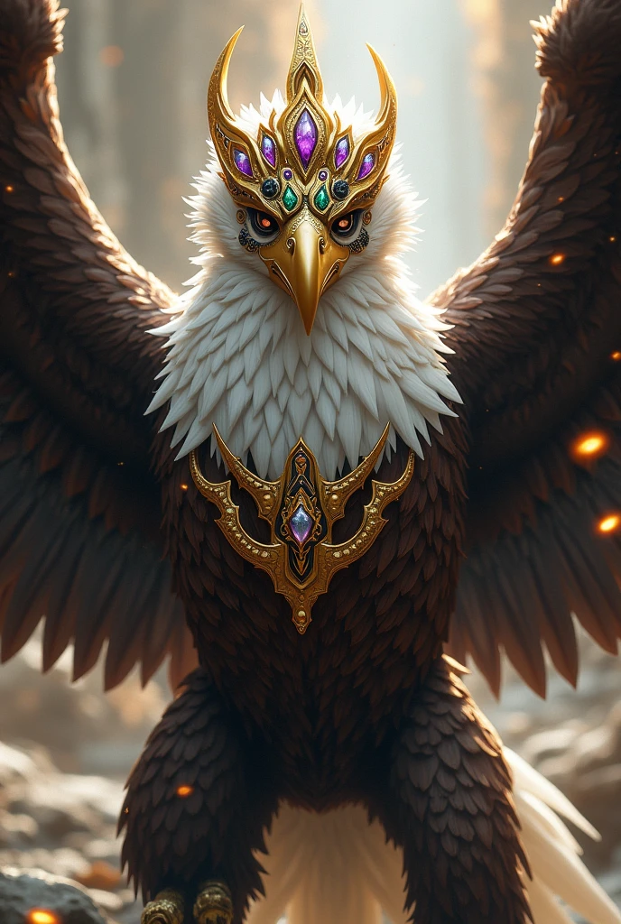 Character inspired by a royal eagle with a white royal eagle body mixed with dark brown and black a royal eagle beak royal eagle legs a golden crown with purple jewels mixed with dark green black and white royal eagle eyes royal eagle arms with a dangerous fighter side 