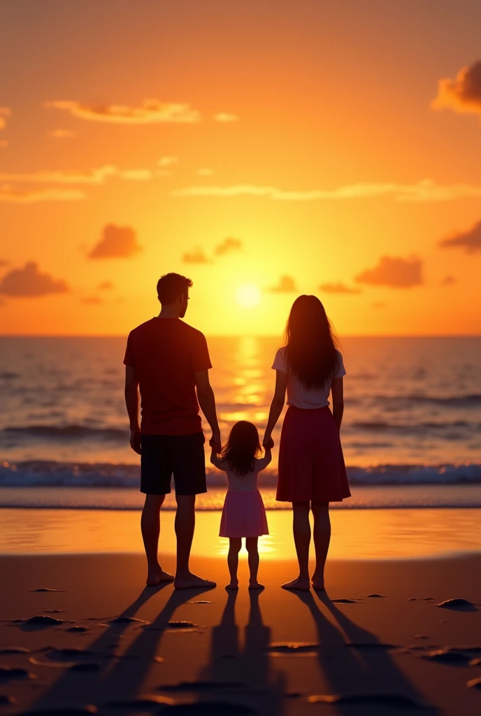 Husband wife and daughter sunset pic in a beach from back