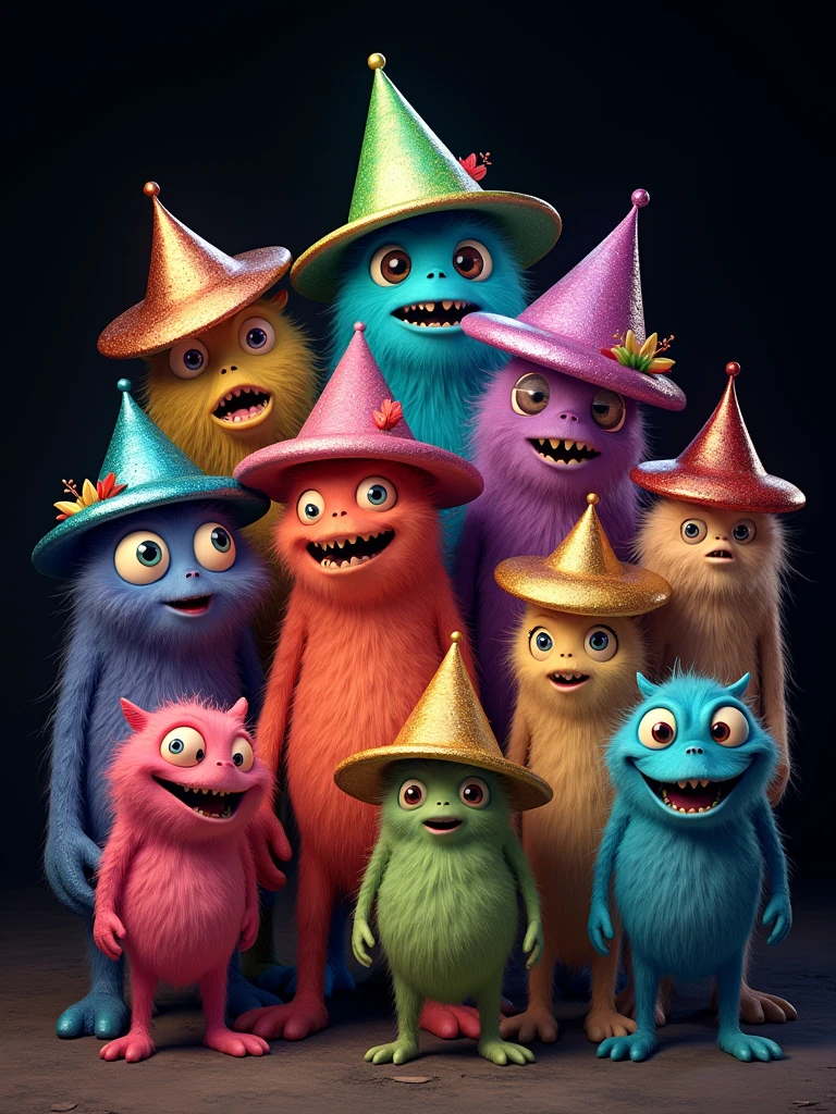 a large group of cartoon monsters surrounded by a black background wearing metallic colorful hats, detailed symmetrical, hyperdetailed, full body, —ar 9:16