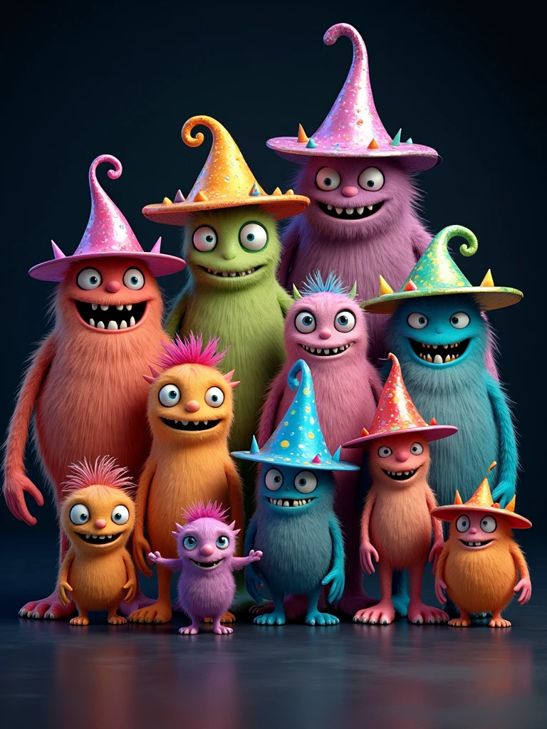 a large group of cartoon monsters surrounded by a black background wearing metallic colorful hats, detailed symmetrical, hyperdetailed, full body, —ar 9:16