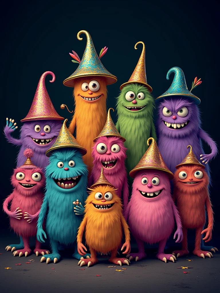 a large group of cartoon monsters surrounded by a black background wearing metallic colorful hats, detailed symmetrical, hyperdetailed, full body, —ar 9:16