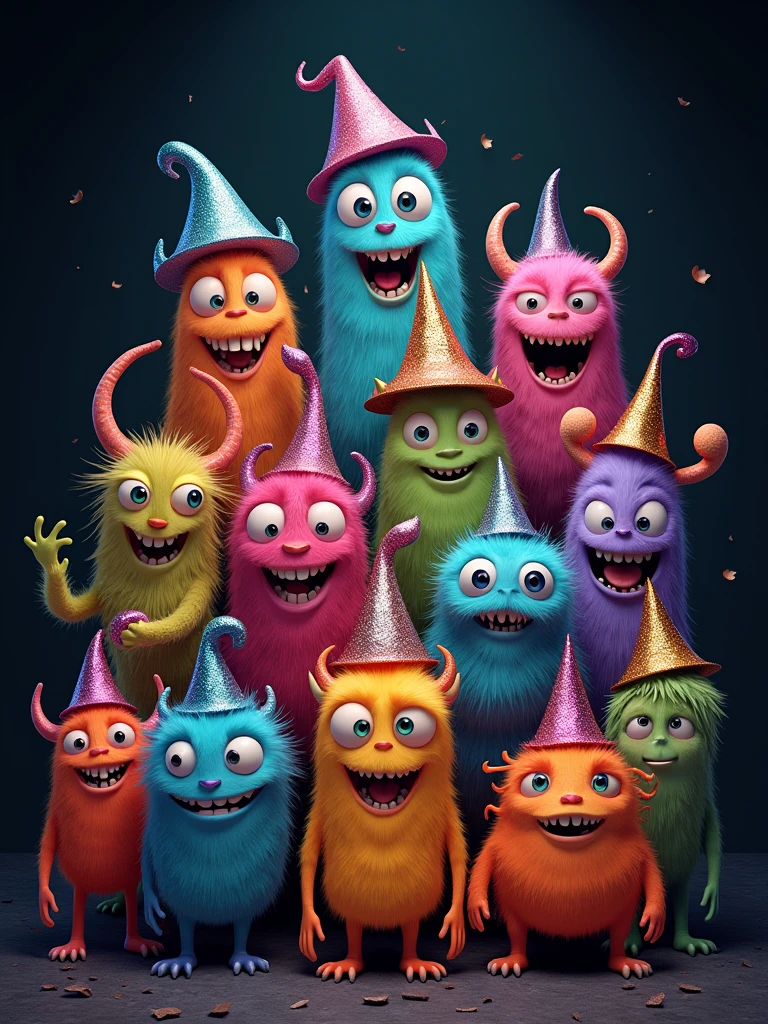 a large group of cartoon monsters surrounded by a black background wearing metallic colorful hats, detailed symmetrical, hyperdetailed, full body, —ar 9:16
