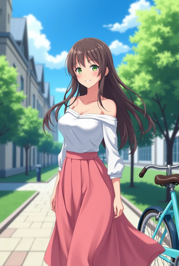 anime girl,university student,Big breasts,Smile,Long brown hair,Green eyes,off shoulder white shirt,Show your waist,pink long skirt,Black belt,Beautiful works of art,Anime style 4K,Art wallpaper 4k,University campuses,sky blue bicycle