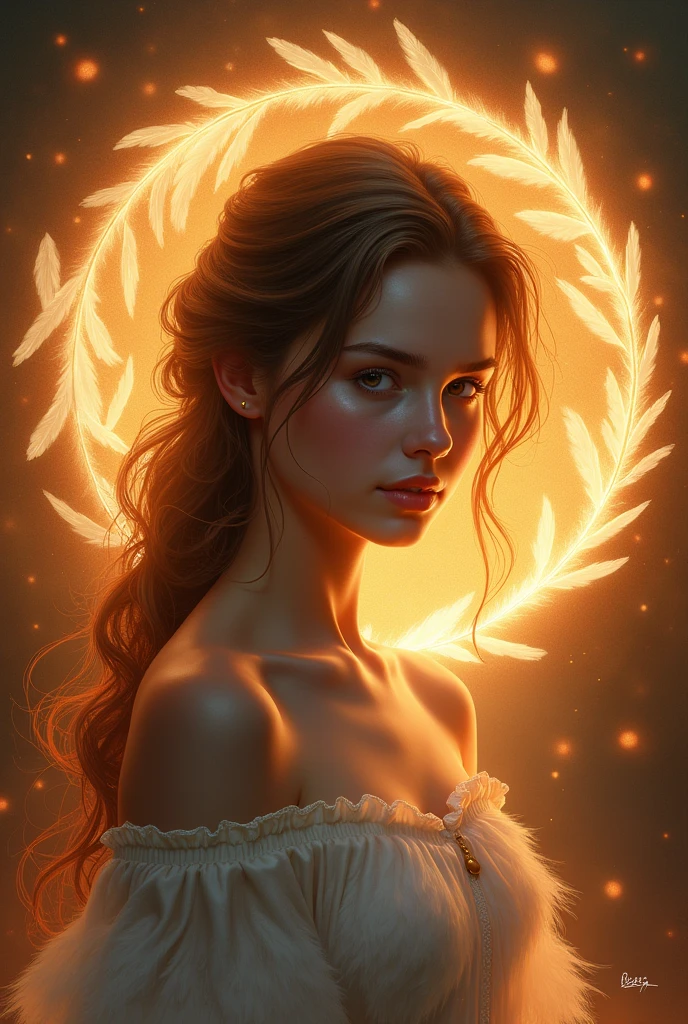 Circle of feathers behind a girl's shoulders with fire lighting from behind