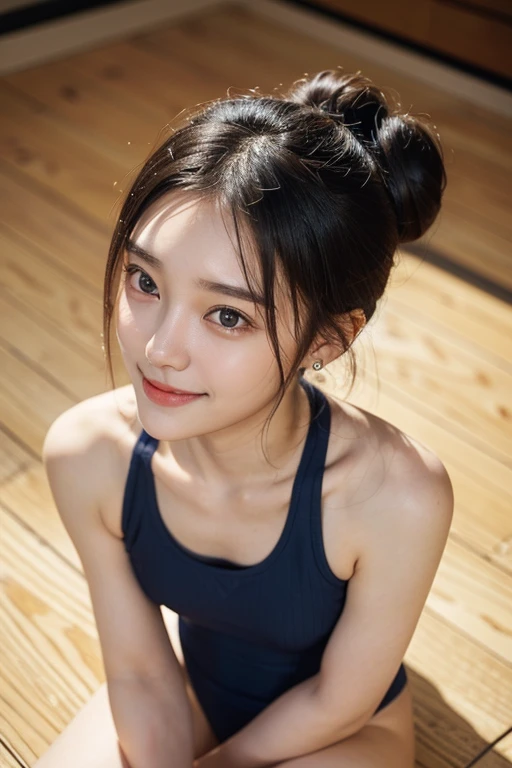 (2 Japanese girl,), (Small breasts:1.5,),(solo,Textured skin, Detailed skin,Detailed face,Detailed eyes,detailed posing,Natural eyebrows,Perfect limbs,High detail, Highest quality, Super detailed, Surrealism, ,8k,RAW Photos,Photographicism,Professional Lighting,Portrait Photography,),((Black Hair, Dark Eyes,Natural Makeup,Simple earrings,Bun Hair,smile)),(((Sitting on the floor,Navy school swimsuit)))