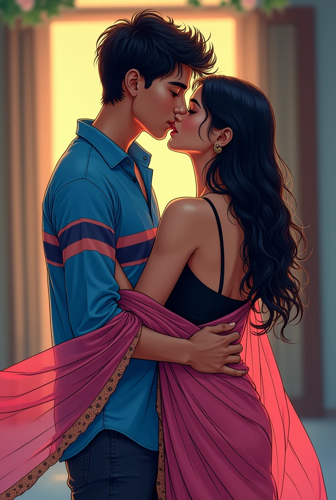 Make Indian anime couple hot romance scenes: jisme ladka aur ladki 12th standard me hai. ladke ne blue shirt pehni hai jispe blue aur red lines hai, ladki ne backless black kurta pehna hai, aur pink colour ka dupatta pehna hai jispe beautiful design hai. Ladke ne ladki ki kamar ko tightly pakad rakha hai, dono ek dusre se chipke hue hai. Ladki ka dupatta lehra Raha hai. Dono ek dusre ko lip kiss kar rahe hai, in dono ke lips touch ho rahe hai.