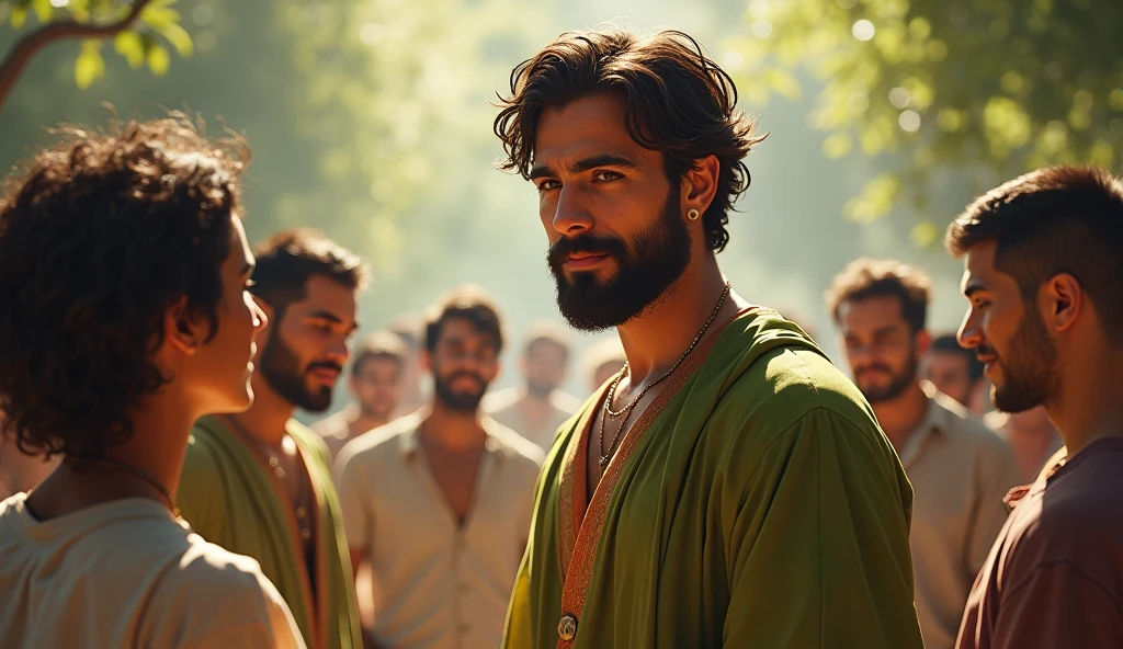 A male Stoic philosopher, around 2, possesses a well-proportioned and attractive physique, his slightly tanned skin hinting at time spent outdoors in contemplation. His very short, well-trimmed beard and wavy, well-styled hair frame a face that exudes both wisdom and a subtle sensuality, drawing attention wherever he goes. He is dressed in a classic tunic in soft earthy tones—olive green with copper details—which falls gently on his body, subtly revealing his shoulder. The philosopher is surrounded by a group of people who support and inspire him, in a setting that symbolizes growth and harmony. He is engaged in positive interactions, such as an animated discussion or a shared moment of learning, with those around him. The environment exudes warmth and vitality, with subtle elements like greenery or soft, natural lighting signifying growth. The scene is painted in an impressionist style, with dramatic brushstrokes capturing the vibrancy of the moment, highlighting contrasts of light and shadow. The philosopher’s face reflects contentment and engagement, emphasizing the metaphor of surrounding oneself with constructive influences.