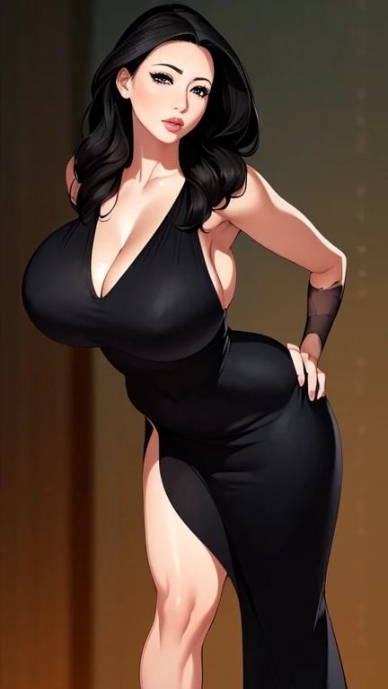 (masterpiece:1.2, Highest quality),(Realistic, photoRealistic:1.4),1 female,Mature Woman,4,Big eyes,Long eyelashes,(Thick lips),Black Hair,Random Hairstyles,Beautiful Skin,Glowing Skin,Beautiful female hands,Detailed hand drawing,Beautiful feet,(whole body),break(Slit dress),(Satin and lace fabric),(((Background Blur:1.5))),((Leaning forward))