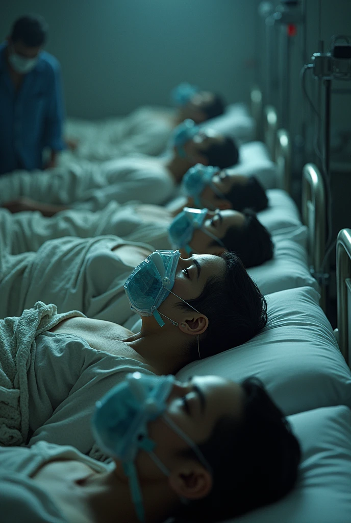 4 to 5 people on bed infected due to covid virus,having mask and oxygen mask on their faces .bed should be in line aligned horizontaly
