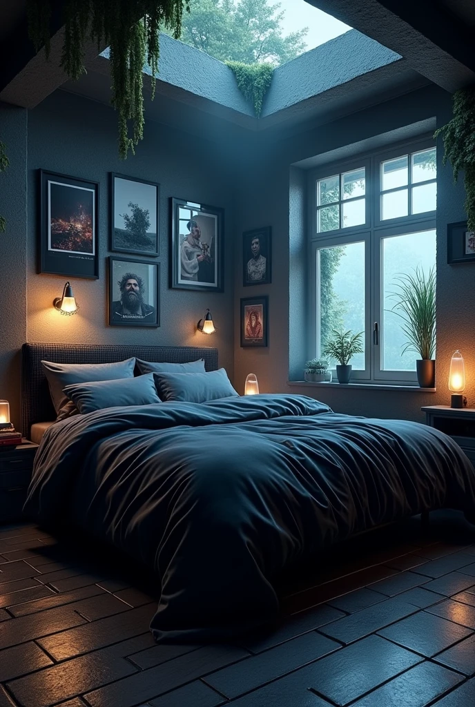 A big black bed with posters on the walls and two computer screens beside the bed. A dream bedroom.