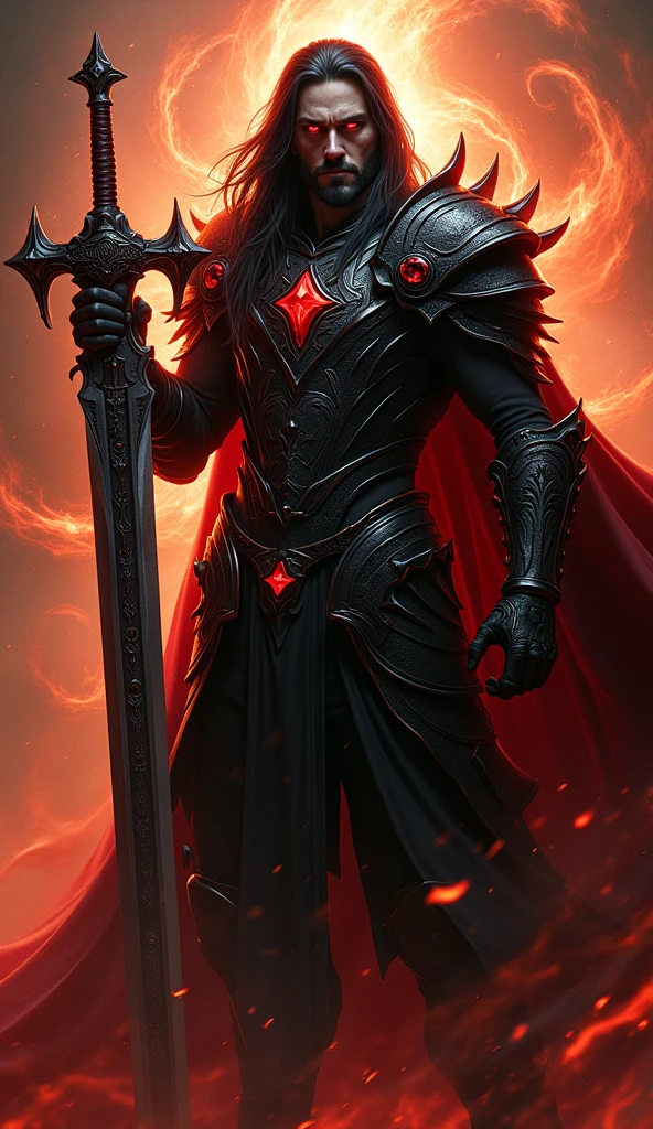 Full body portrait, 16K ultra-high resolution, dark gothic aesthetic, dramatic chiaroscuro lighting, imposing stance, masculine features, long black hair cascading down back, eyes glowing intense red, wielding a massive two-handed greatsword, wearing black gothic armor with blood-red jewels, surrounded by swirling light ("Luminous Order" ability), fiery wolf aura enveloping the body ("Blaze Fang" ability), extremely detailed armor decorations and jewel facets, intricate patterns in the swirling light, individual hairs in the fiery wolf's fur, stark contrast between light and shadow, full-length view from head to toe, feet and toes clearly visible, greatsword's detailed engravings and menacing aura, emphasis on the red glow reflecting off the armor