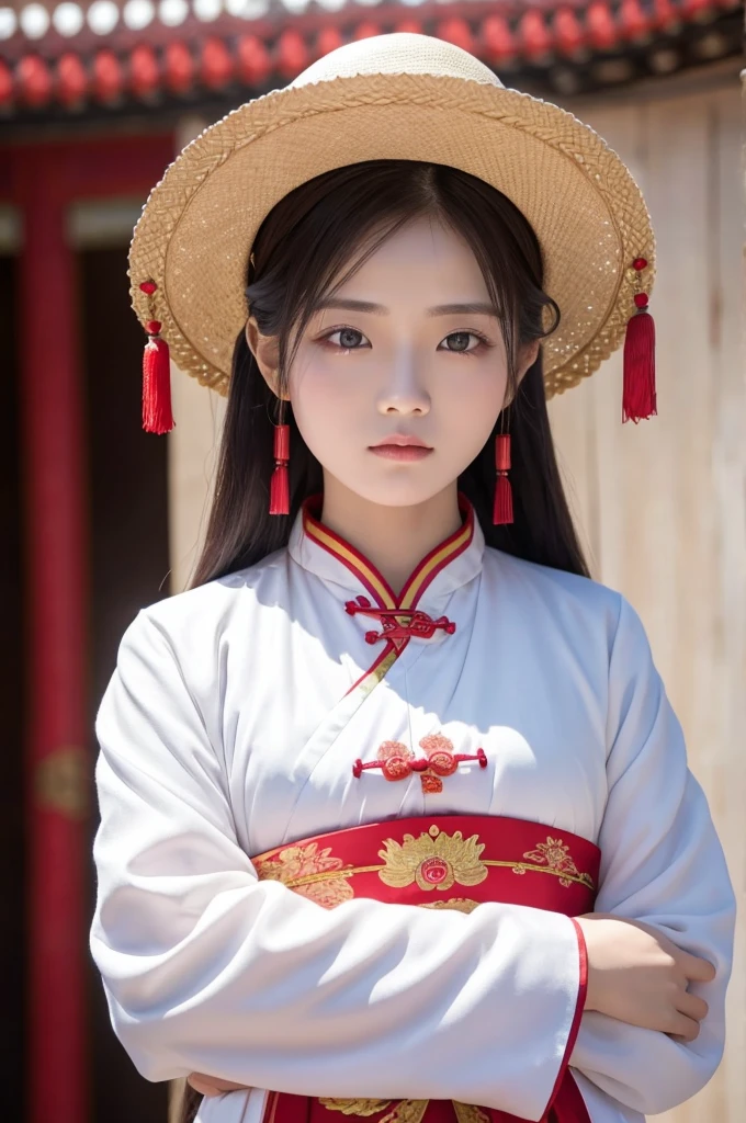 A white woman wearing Chinese clothing with crossed eyes