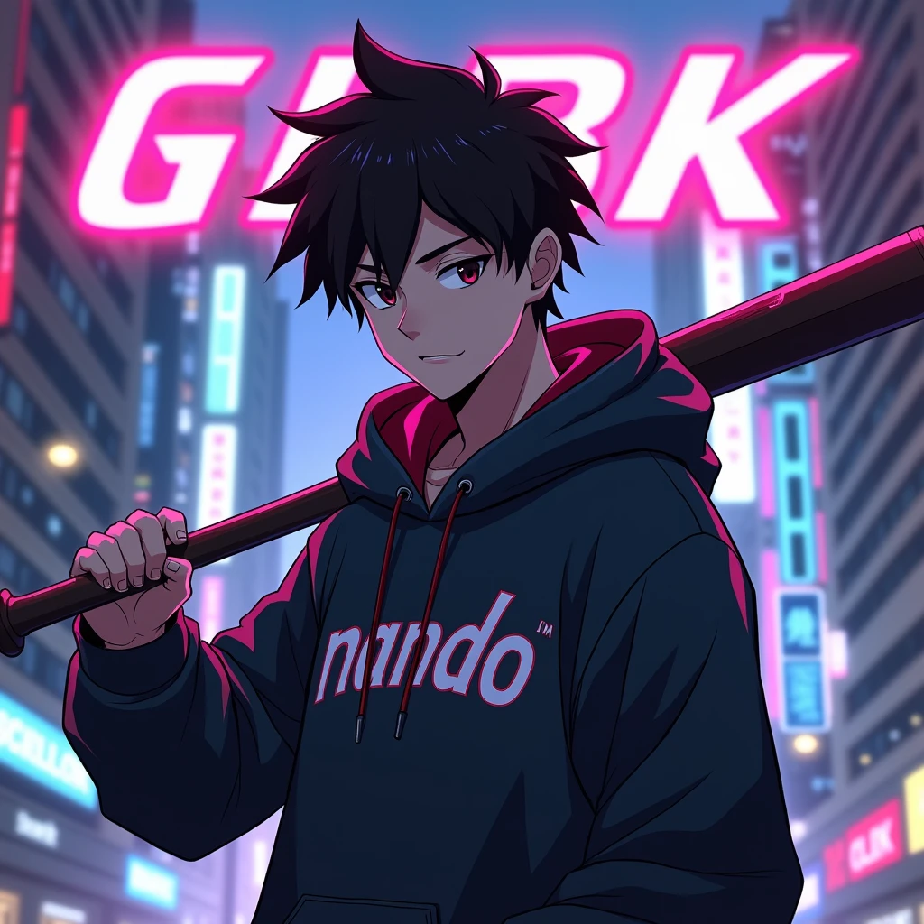 Create a character anime, {{background: large text “GLBK”, night city}},
realistic, HDR, handsome, japan style, full body, use stick baseball, age 20, hoodie HD text: “NANDO”