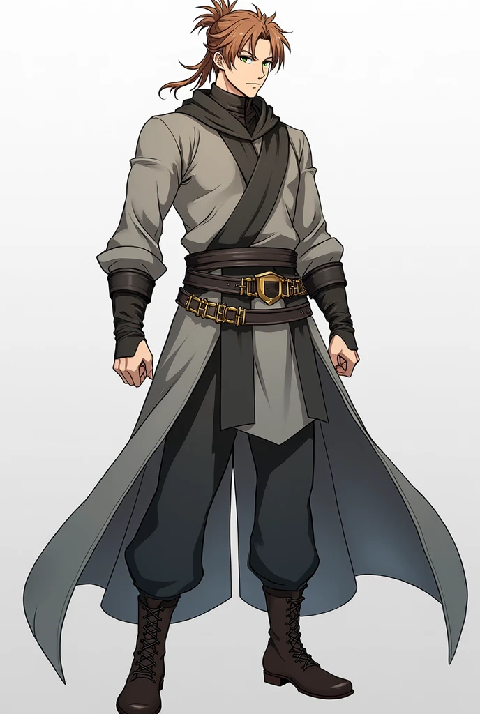 Rudeus stands at around average height(175cm), has a muscular body despite being a magician, and his looks weren't that poor when his family members are asked. He was born with light brown hair and green eyes. However, he later has Kishirika Kishirisu switch out both of his original eyes for demon eyes, causing them to be heterochromatic. Like his father, Paul, Rudeus also has a mole underneath his left eye and follows his ponytail hairstyle.

He is also always seen wearing gray robes but rarely covers his head during his time as an adventurer. At a young age, he is careless about the outfit he wears due to travelling the Demon Continent and has worn the same gray robes when he entered Ranoa Magic Academy that has many cuts and hems from his countless battles that makes him look like a delinquent. During his 20's he begins to pay more attention to the clothes he wears that even Perugius Dola mentions that he started to wear some decent clothes.[7]

Following his second fight with Orsted and later the final battle against Hitogami's faction, Rudeus' hair temporarily lost its color from mana exhaustion. Fortunately, in both cases, the roots were unaffected, causing his hair to grow back to normal over time. Do it anime style