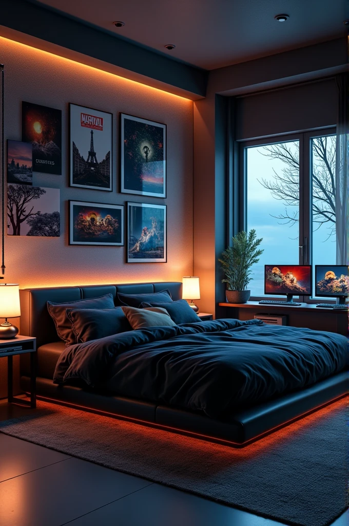 A large black bed with posters on the walls and two computer screens beside the bed.