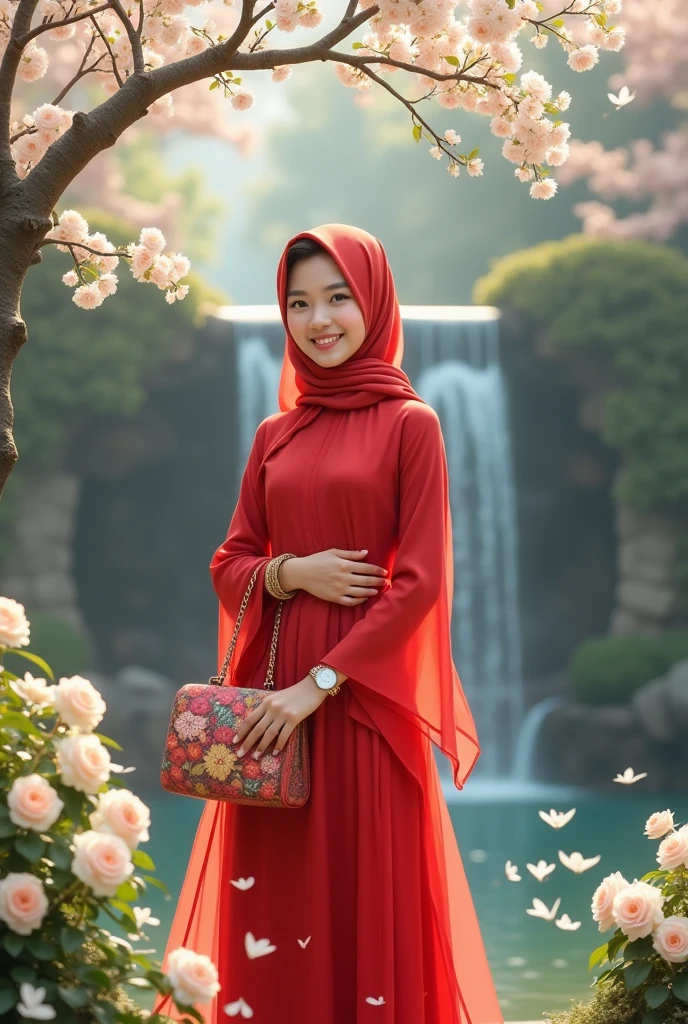 a beautiful adult girl wearing a hijab, wearing a Dutch oni chiffon red dress, umbrella-shaped sleeves, wearing high-heeled sandals, wearing a bracelet and a watch, is in a flower garden, there is a waterfall, and white roses around it, there are cherry trees whose leaves are falling, scattered on the ground, smiling holding her beautiful bag