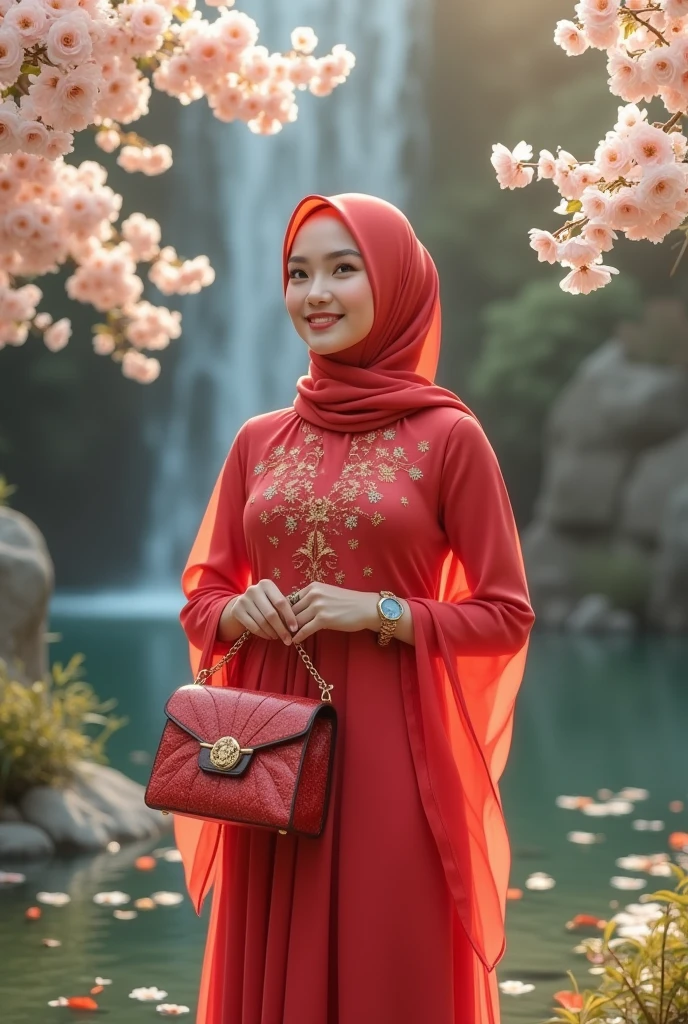 a beautiful adult girl wearing a hijab, wearing a Dutch oni chiffon red dress, umbrella-shaped sleeves, wearing high-heeled sandals, wearing a bracelet and a watch, is in a flower garden, there is a waterfall, and white roses around it, there are cherry trees whose leaves are falling, scattered on the ground, smiling holding her beautiful bag