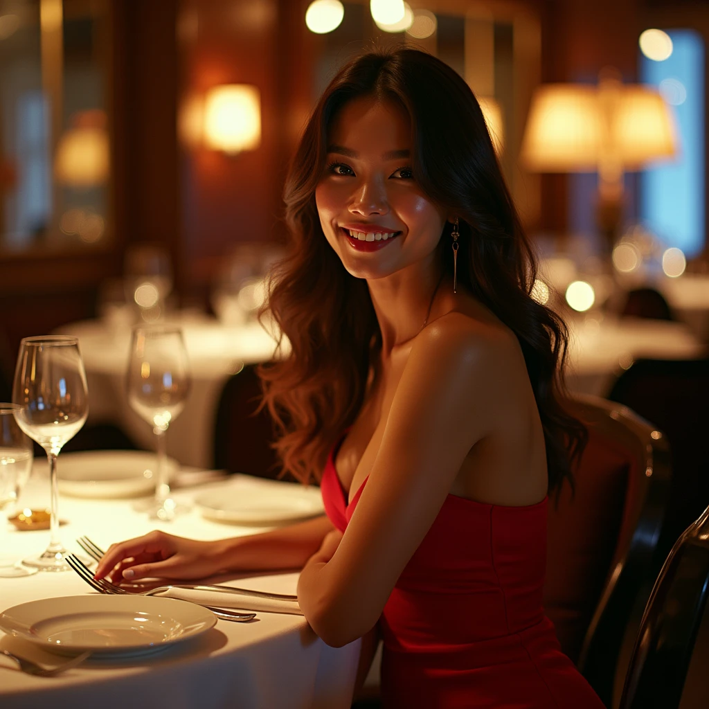generate a master photograph describing a shapely Woman, a sophisticated dining scene in a high-end restaurant, (8K, best quality), she has a physique like Zendaya,  smile, brown hair, black hair, asian skin (big chest, small tiny waist, big breasts), seated at a table covered in a crisp white tablecloth, enjoying gourmet cuisine. The warm lighting and elegant surroundings add to the luxurious atmosphere, (She has sexy buttocks, Most sexy booty, Most sexy glutes), Womanly, Womancore, (She has fit hips, sexy hips, sexy fit hips, extremely sexy hips), (asian skin, glistening skin, beautiful complexion), shot on Fujifilm superia, (Studio soft light, high detail, cinematic lighting, rim lighting), Style: (hyperrealistic, by DynastySeries FashionNova, photo, {{{masterpiece photography}}}, analog photograph, professional fashion photoshoot, trending on artstation, synthwave, krrrsty), Quality: (photographed, masterpiece, highest resolution), Definition: (highres, sharp focus, 8k uhd, ultra photo-realistic resolution), Film: (80 mm, shot on portra 120, shot on Fujifilm), Resolution: (extremely detailed, (sharp focus:1.5), cinematic lighting, dramatic lighting, ultra photo-realistic), luxury:    