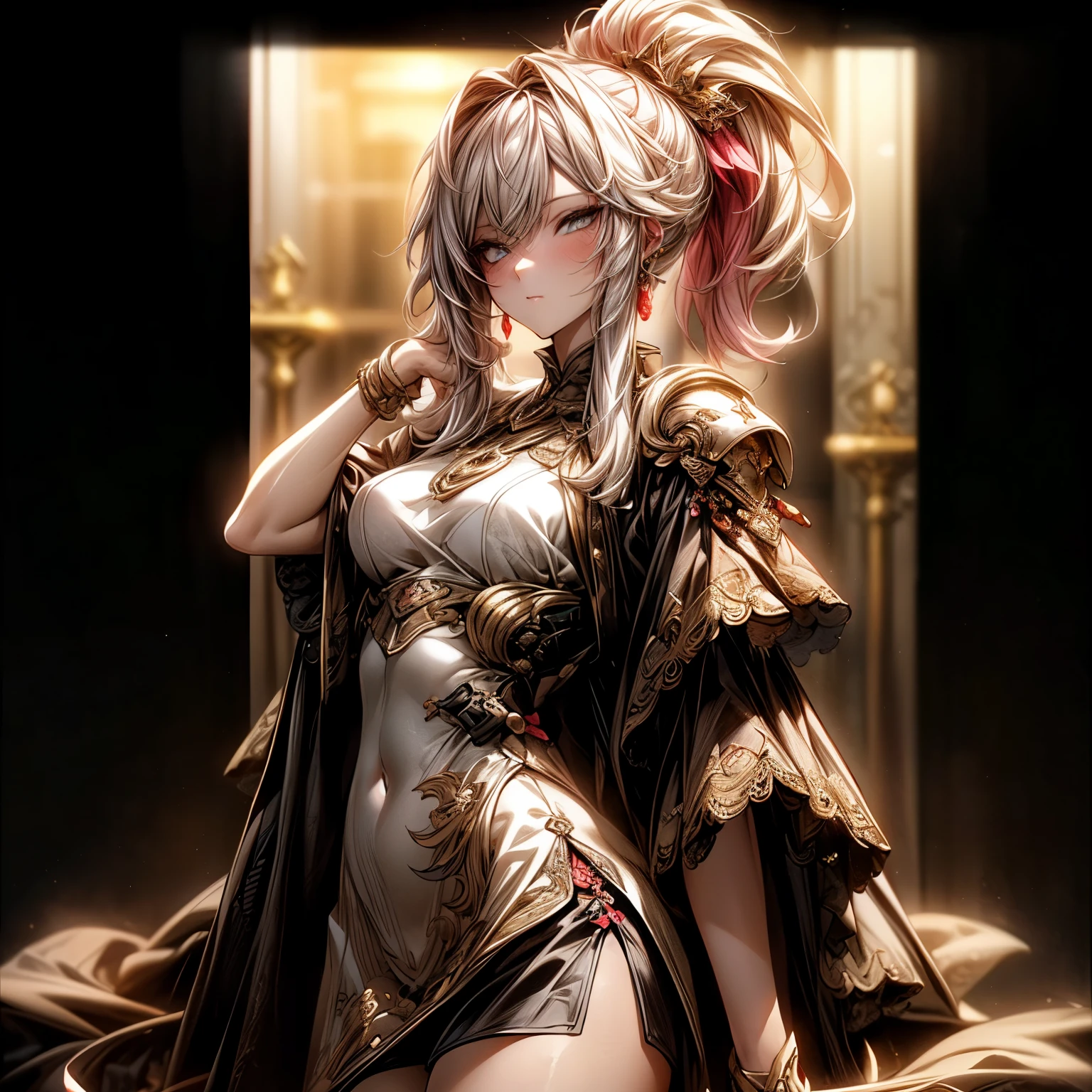 (best quality)), ((Masterpiece)), (details:1.4), 3d, HDR (high dynamic range), an image of a beautiful cyberpunk female, Cyberpunk, Fantasy, Pink hair, High ponytail, Full body, Beautiful white eyes, จมูกโด่ง, ปากแดง, หน้าอกใหญ่, nvidia RTX, PBR surface, After processing, Anisotropic filtration,depth of field, Maximum clarity and clarity, multi-layered surface, Subsurface scattering, perfect proportions, 8K raw files, ultra detailed, Perfect proportions, volumetric lighting, soft lighting, Holy Paldin, Heavy Silver Armor, Golden dress, glossy skin, intricate Golden embroidery, Bar background, jewely, ต่างหู, นิ้วมือสมบูรณ์, mini skirt, โกรธ