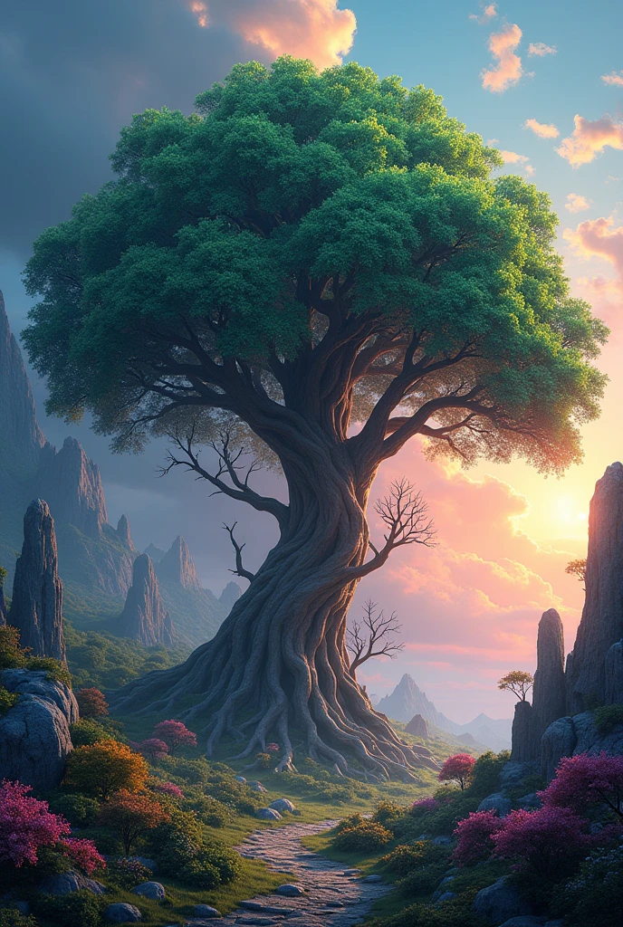 full tree x dry tree, vibrant colors, fantasy theme
