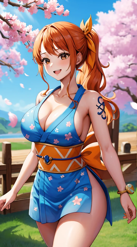 masterpiece, Highest quality, High resolution, we (one piece), Long Hair, Orange Hair, Low Ponytail, Hair Ribbon, Blue ribbon, Brown eyes, clavicle, Cleavage, Short kimono, Blue kimono, No sleeve, Bare arms, bracelet, sash, heart, Are standing, Cowboy Shot, wave hands, Outdoor, cherry blossoms, smile, Open your mouth,Short kimono丈,Big Ass,Large Breasts