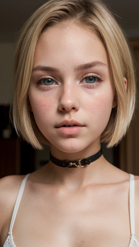 High resolution, AW images, Masterpiece, ((Ultra Detail)),(( Beautiful Art, 18 yo blonde teen girl . Full lips. Eyes wide)). ((Very short hair)), well-trained body, sweaty skin, choker, sheer Baby Doll,
