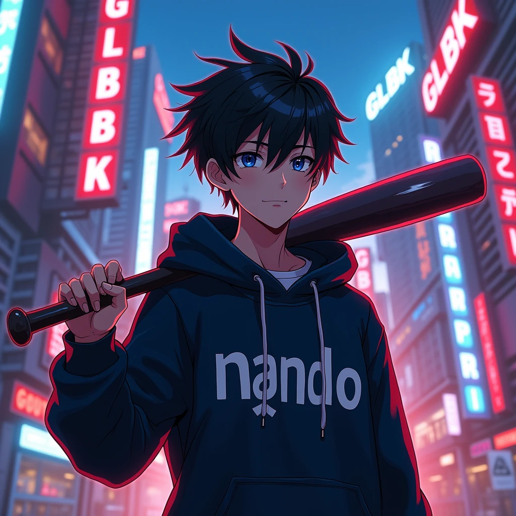 Create a character anime, {{background: large text “GLBK”, night city}},
realistic, HDR, handsome, japan style, full body, use stick baseball, age 20, hoodie HD text: “NANDO”