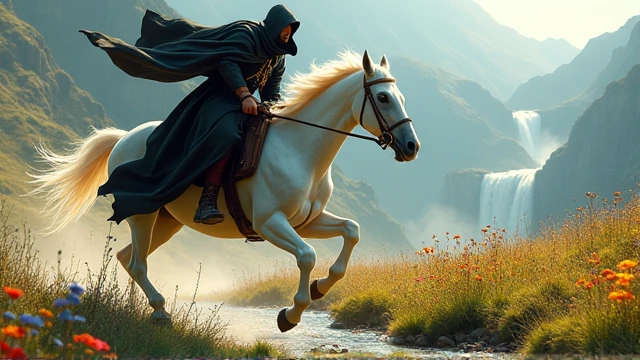 To clearly depict the scene described:

**Central Figure: Cabuliwala on a White Horse**
- **Positioning**: The Cabuliwala should be shown riding the pure white horse at full speed across the scene. The horse’s tail and mane should be flowing dynamically to emphasize the motion. The Cabuliwala's black cloak with white accents should be designed to flow naturally with the movement of the horse, making sure the head and face are entirely obscured by the hood. The sword should be prominently displayed, either in hand or sheathed at the side, to ensure it’s not missed in the image.

**Background Elements:**
- **Road**: Illustrate a narrow, uneven path with scattered stones or gravel to highlight the rugged terrain.
- **Vegetation**: Include trees with vibrant green leaves and a variety of blooming flowers in red, yellow, purple, and blue to create a rich and colorful backdrop.
- **Stream**: Show a clear stream with visible rocks underwater and gentle ripples to add a sense of tranquility.
- **Field**: The vast green field should have tall grass and wildflowers to enhance the sense of open space.
- **Mountains and Waterfall**: Depict majestic mountains with a cascading waterfall, emphasizing the dynamic movement of the water and a misty base for depth.

**Additional Details:**
- **Birds**: Add small, colorful lovebirds either flying or perched on branches to add liveliness.
- **Lighting and Atmosphere**: Use soft, golden light to create a serene, magical atmosphere. Shadows should enhance the depth of the scene.
- **Color Palette**: Ensure a harmonious color scheme with high contrast between the black and white cloak of the Cabuliwala and the vibrant colors of the background.

**Special Note**: Make sure the horse is shown galloping through the field with its tail and mane dramatically flowing in the wind. The Cabuliwala's cloak should flow in harmony with the horse’s movement. The sword should be clearly visible, ensuring it stands out against the dynamic background.

Th