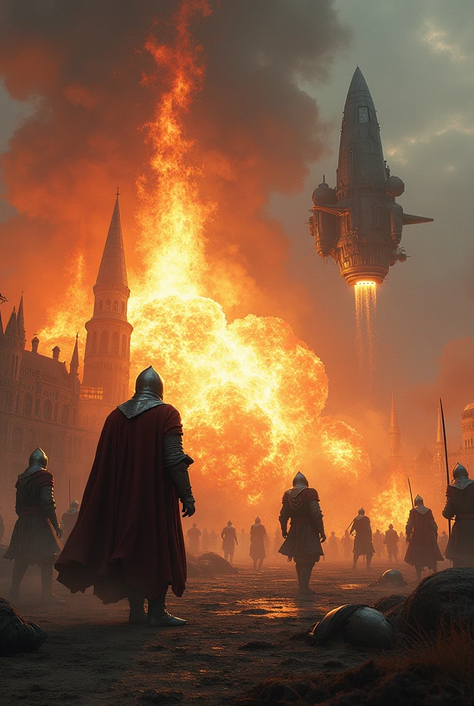 Knights on a training, interrupted by an unidentified flying spaceship. The main knight got blown by the explosion. The kingdom on a verge of collapsing. A kingdom on fire. Dead knights on the ground. The other knights can't do anything with their swords. The otherworlders uses a scientific guns.