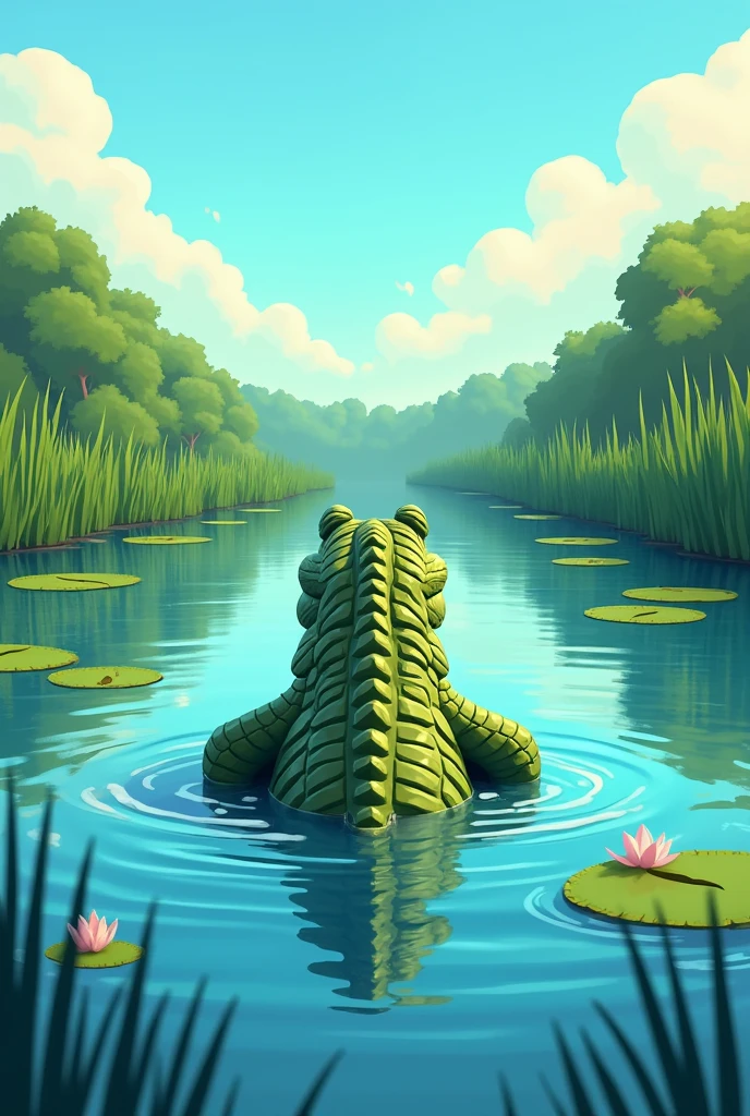 crocodile back side in pond in 2d cartoon