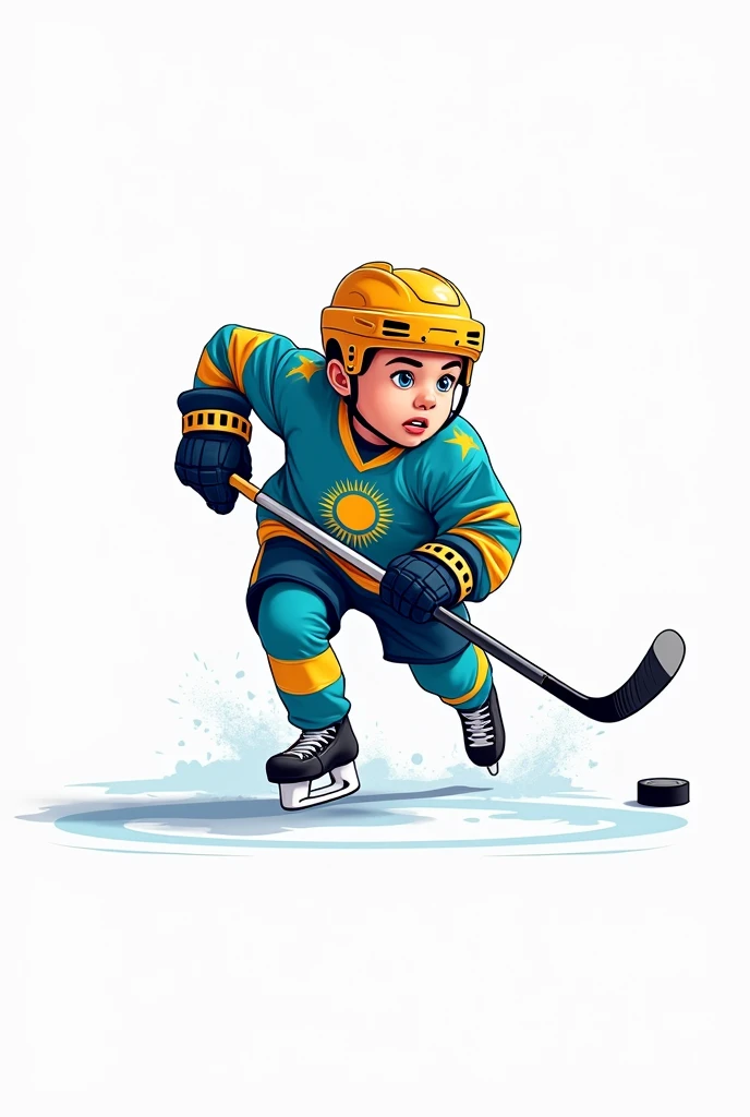 ((officially)) ((masterpiece)) ((Best quality)) ((detailed)) cartoon boy hockey player running with stick and dribbling puck in uniform with emblem flag of Kazakhstan on white background