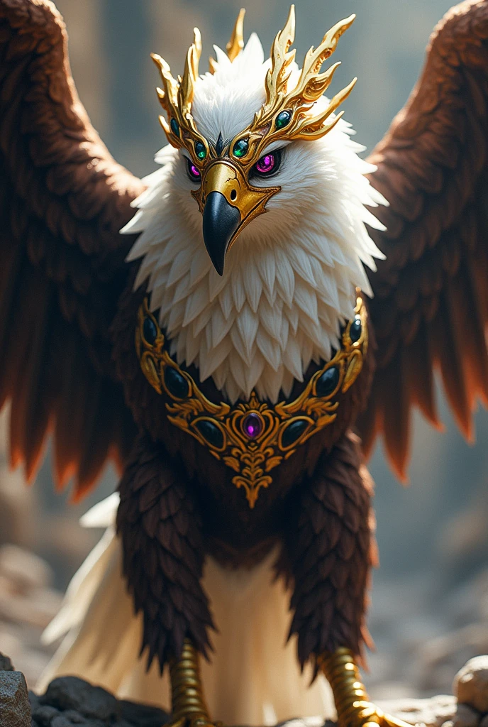 Character inspired by a royal eagle with a white royal eagle body mixed with dark brown and black a royal eagle beak royal eagle legs a golden crown with purple jewels mixed with dark green black and white royal eagle eyes royal eagle arms with a dangerous fighter side 