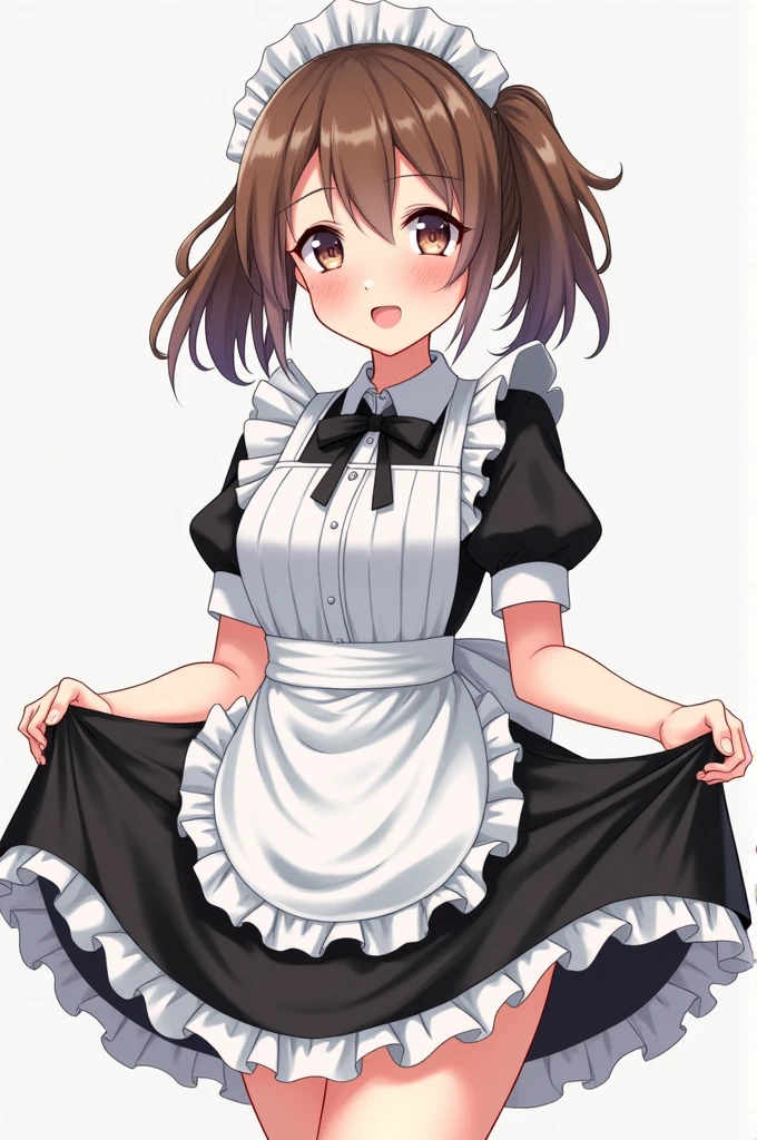 A girl in a maid outfit, lifting up her skirt with no panties underneath, making an ahegao face