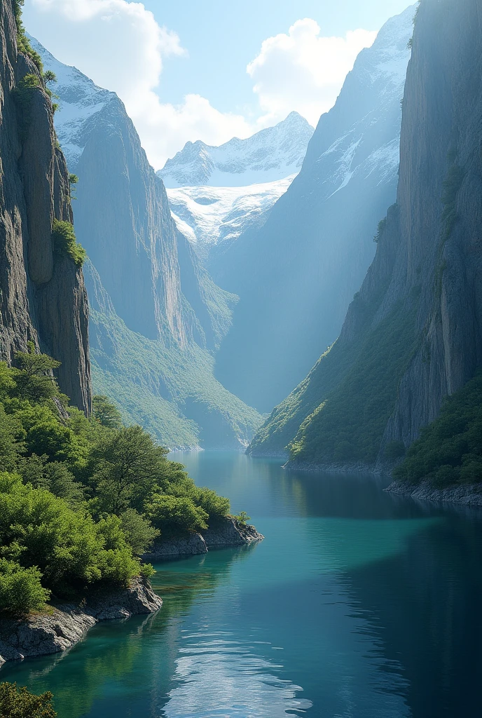 A breathtaking 3D view of New Zealand’s fjords with towering cliffs, lush greenery, and serene waters