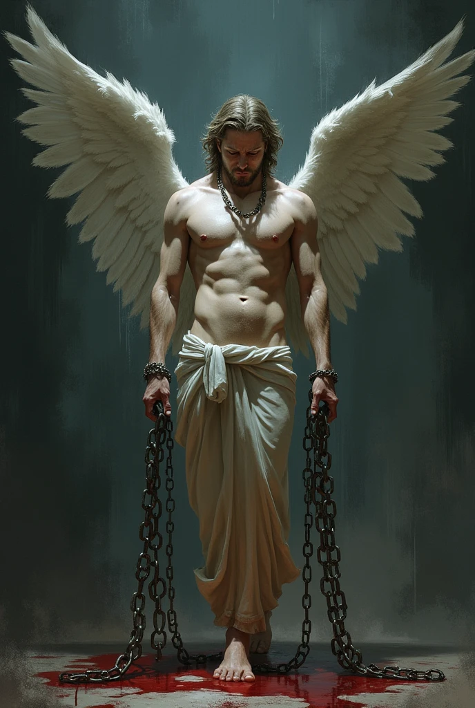 An angel with chains on his wings cannot fly because of the chains, blood is dripping from his wings 