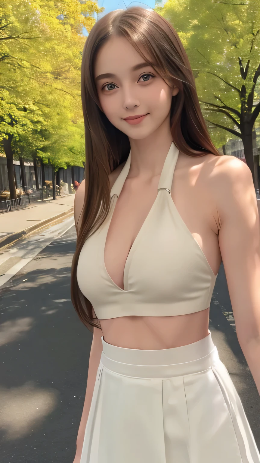 Non-NSFW、Real、(Highest quality), (masterpiece)、Ultra-high resolution、RAW Photos, (upper body), (Tree-lined street:1.5), Fantasy、Looking into the camera、alone、(elemental Sylph:1.1), Beautiful Spirit、Super Beauty, (Mature:1.2), (16years-old:1.2)、Moisturized Skin、Perfect model body、Beautiful Eyes、Big eyes, (brown eyes:1.2)、Inconspicuous tear bags、(slim:1.2)、No bra、Beautiful fingers、Very long hair、highly saturated photos, clavicle, Splash, attractive,skinny, (smile:1.4), no_panties, (Large Breasts:1.2), Nipples, (brown hair), (Waist-length hair:1.5), Small Ass, lips, (white cropped halter top:1.6),(Beige long skirt:1.2), (high heels:1.3), (Several sexy poses:1.1)