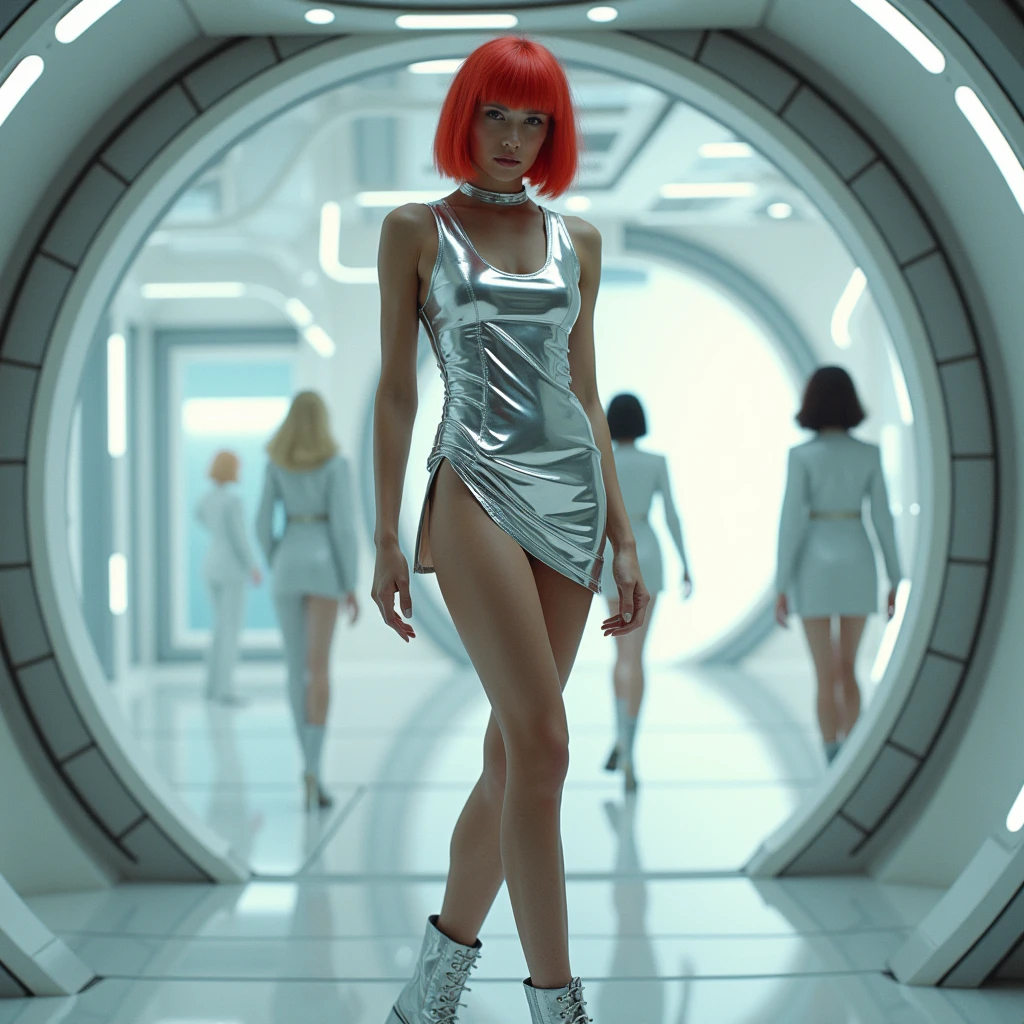 The space station of the future、Silver metallic mini dress、Side slits、White、Bob hair with red hair、Silver metallic boots、