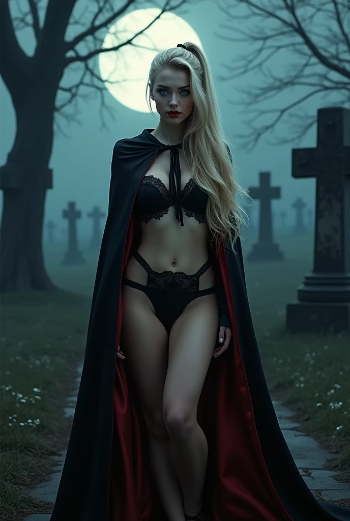 (RAW photo, best quality, masterpiece, ultra-detailed, high res), (realistic),(extremely
delicate and beautiful:1), mesmerizing vampire woman with long blonde hair in high
ponytail detailed blue eyes , detailed features, smiling seductively , showing vampire fangs , ((wearing floor
length black and red lined satin cape tied at the neck:1.20)) , lingerie , standing
in a moonlight graveyard , imaginative, highly detailed, extremely high-resolution details,
photographic, realism pushed to extreme, fine texture, 8k, ultra-detailed, high quality, high
contrast, full body shot